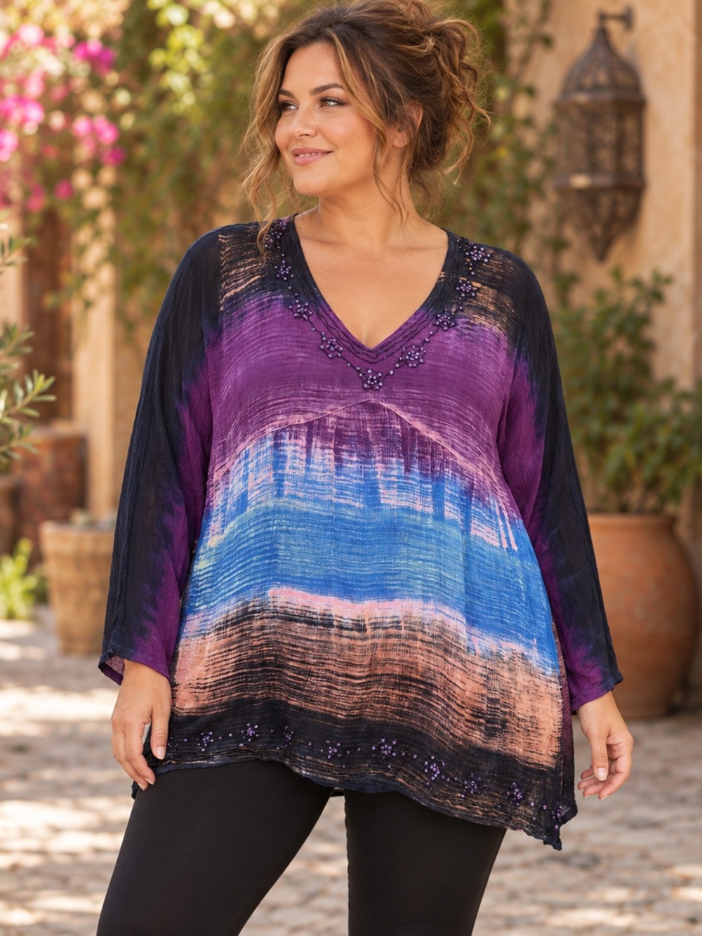 GreaterGood Tie Dye Tunic Beaded V Neck Purple Blue Boho Lagenlook Rayon Top